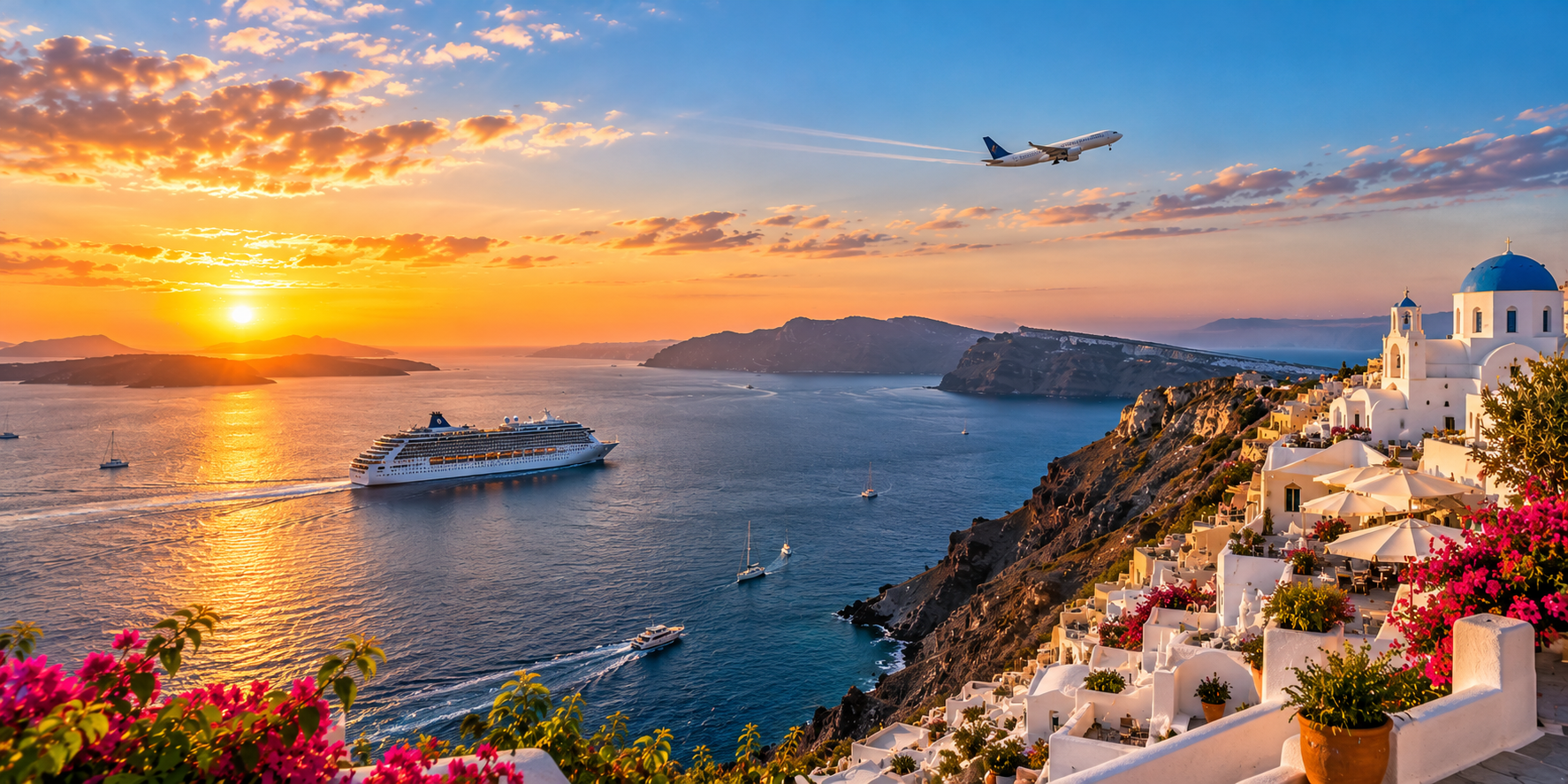TourismWays Cinematic Panorama — Mediterranean coastal sunset, luxury cliffside villas, commercial airliner, and cruise liner